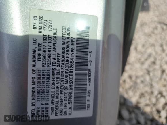 ✅ 2014 Honda Odyssey EX-L • VIN: 5FNRL5H6XEB012654 • Lot: 56383555. Listed on Copart with Not provided. Free auction sales archive from the USA and detailed vehicle history report at DreamBid. Image 14.