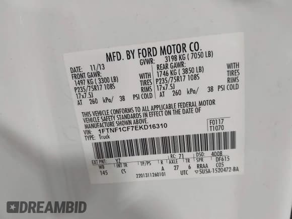 ✅ 2014 Ford F-150 XL • VIN: 1FTNF1CF7EKD16310 • Lot: 43689560. Listed on IAAI with 191,505 mi. Free auction sales archive from the USA and detailed vehicle history report at DreamBid. Image 9.