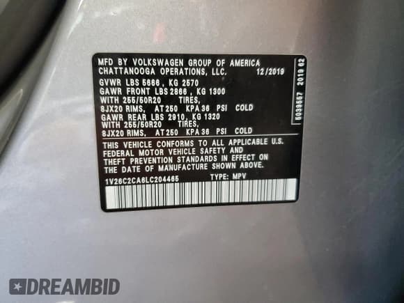 ✅ 2020 Volkswagen Atlas SE • VIN: 1V26C2CA6LC204465 • Lot: 54689115. Listed on Copart with 80,380 mi. Free auction sales archive from the USA and detailed vehicle history report at DreamBid. Image 14.