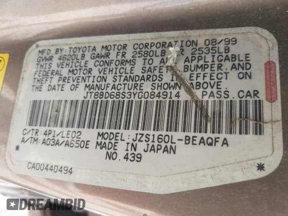 ✅ 2000 Lexus GS 300 • VIN: JT8BD68S3Y0084914 • Lot: 43757886. Listed on IAAI with 352,889 mi. Free auction sales archive from the USA and detailed vehicle history report at DreamBid. Image 9.