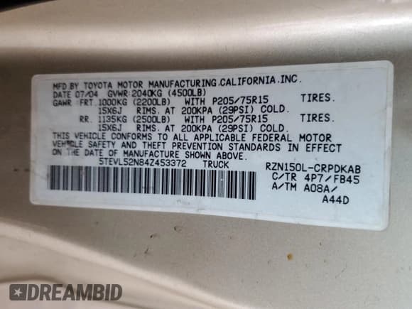 ✅ 2004 Toyota Tacoma • VIN: 5TEVL52N84Z453372 • Лот: 67805025. Опубликован ранее на Copart с пробегом 405 517 миль. Бесплатный доступ к архиву аукционных продаж из США и подробный отчёт об истории автомобиля на DreamBid. Изображение 12.
