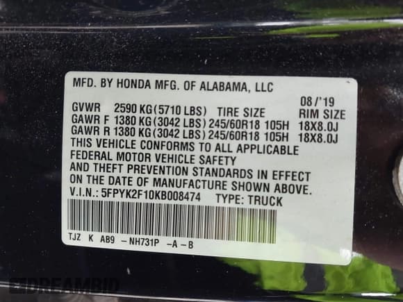 ✅ 2019 Honda Ridgeline Sport • VIN: 5FPYK2F10KB008474 • Lot: 42144225. Listed on IAAI with 101,274 mi. Free auction sales archive from the USA and detailed vehicle history report at DreamBid. Image 9.