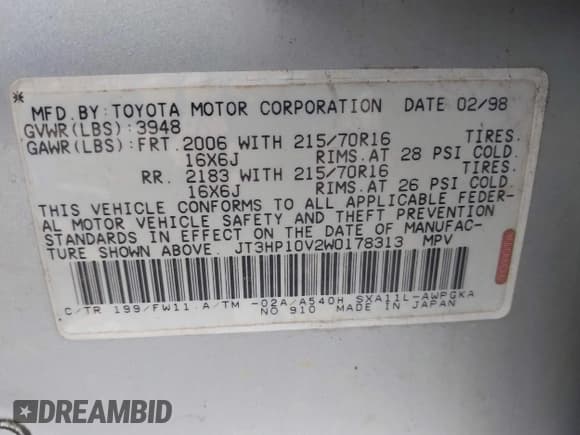 ✅ 1998 Toyota RAV4 • VIN: JT3HP10V2W0178313 • Lot: 43066973. Listed on IAAI with 293,113 mi. Free auction sales archive from the USA and detailed vehicle history report at DreamBid. Image 9.