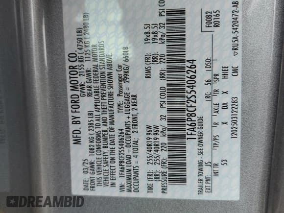 ✅ 2025 Ford Mustang GT • VIN: 1FA6P8CF2S5406264 • Lot: 71981365. Listed on Copart with 892 mi. Free auction sales archive from the USA and detailed vehicle history report at DreamBid. Image 12.