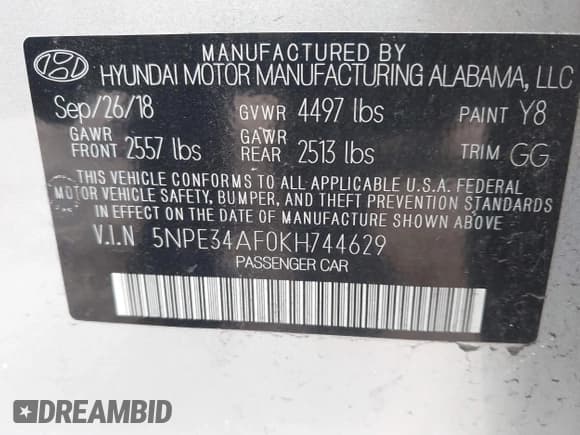 ✅ 2019 Hyundai Sonata SEL • VIN: 5NPE34AF0KH744629 • Lot: 43446085. Listed on IAAI with 66,256 mi. Free auction sales archive from the USA and detailed vehicle history report at DreamBid. Image 9.