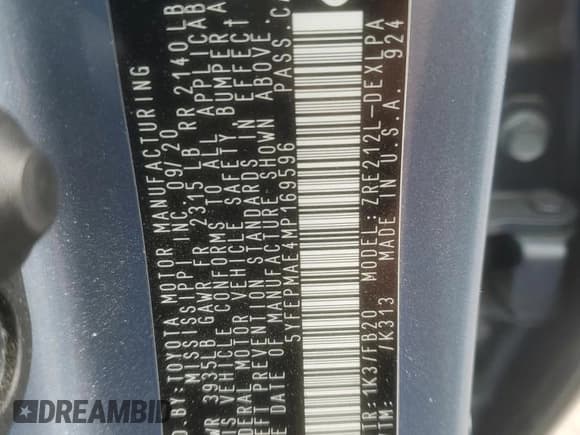 ✅ 2021 Toyota Corolla LE • VIN: 5YFEPMAE4MP169596 • Lot: 86325815. Wystawiony na Copart z przebiegiem 116 310 mil. Bezpłatny archiwum sprzedaży aukcyjnych z USA i szczegółowy raport historii pojazdu na DreamBid. Zdjęcie 12.