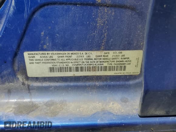 ✅ 2008 Volkswagen Jetta SE • VIN: 3VWRM71KX8M141684 • Lot: 59432375. Listed on Copart with 171,936 mi. Free auction sales archive from the USA and detailed vehicle history report at DreamBid. Image 12.