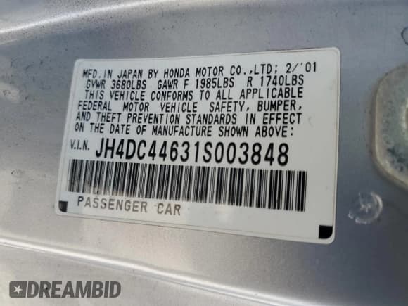 ✅ 2001 Acura Integra GS • VIN: JH4DC44631S003848 • Lot: 70532875. Listed on Copart with 152,360 mi. Free auction sales archive from the USA and detailed vehicle history report at DreamBid. Image 12.