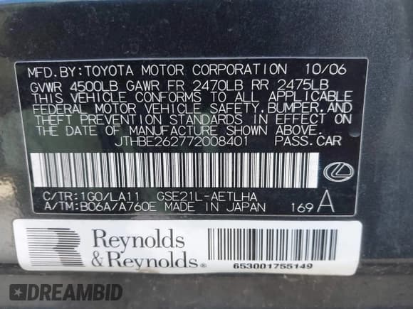 ✅ 2007 Lexus IS 350 • VIN: JTHBE262772008401 • Lot: 43909887. Listed on IAAI with 141,272 mi. Free auction sales archive from the USA and detailed vehicle history report at DreamBid. Image 9.