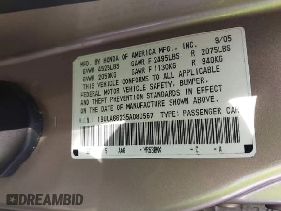 ✅ 2005 Acura TL • VIN: 19UUA66235A080567 • Lot: 43232739. Listed on IAAI with 254,528 mi. Free auction sales archive from the USA and detailed vehicle history report at DreamBid. Image 9.