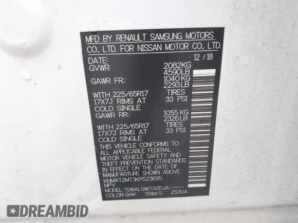 ✅ 2019 Nissan Rogue SV • VIN: KNMAT2MT3KP523695 • Lot: 43524877. Listed on IAAI with 126,472 mi. Free auction sales archive from the USA and detailed vehicle history report at DreamBid. Image 9.