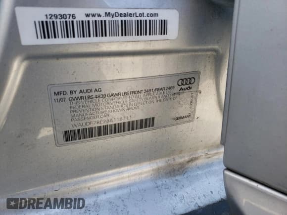 ✅ 2008 Audi A4 2.0T • VIN: WAUDF78E28A118711 • Lot: 87708445. Listed on Copart with 226,417 mi. Free auction sales archive from the USA and detailed vehicle history report at DreamBid. Image 15.