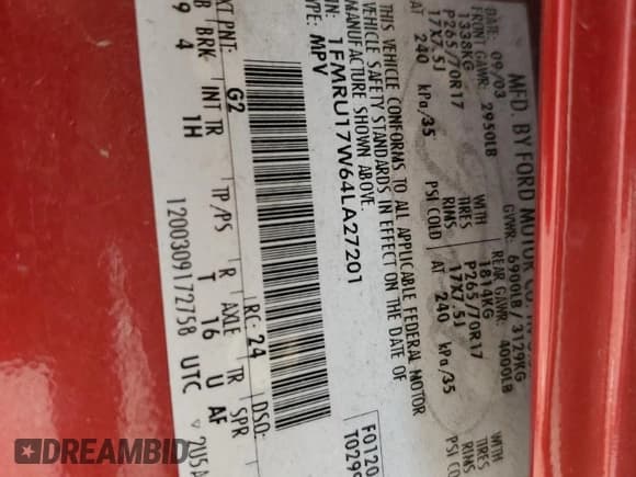 ✅ 2004 Ford Expedition Eddie Bauer • VIN: 1FMRU17W64LA27201 • Lot: 64251475. Listed on Copart with 262,969 mi. Free auction sales archive from the USA and detailed vehicle history report at DreamBid. Image 13.