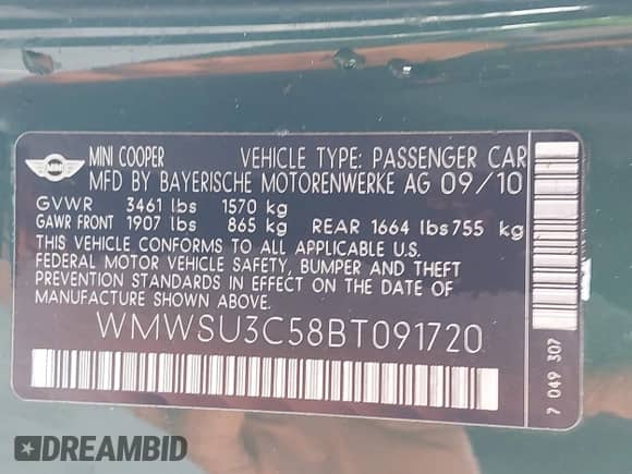 2011 MINI Hardtop with VIN WMWSU3C58BT091720, listed as a IAAI auction lot 42875190 with 60,918 mi miles and . Bid and sale history available at DreamBid. Image 9.