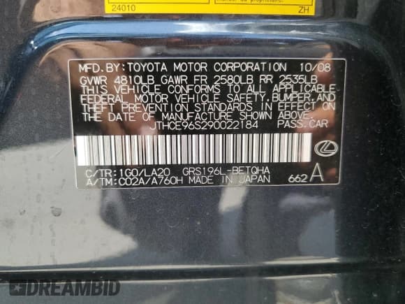 ✅ 2009 Lexus GS 350 • VIN: JTHCE96S290022184 • Lot: 63528515. Listed on Copart with 103,360 mi. Free auction sales archive from the USA and detailed vehicle history report at DreamBid. Image 12.