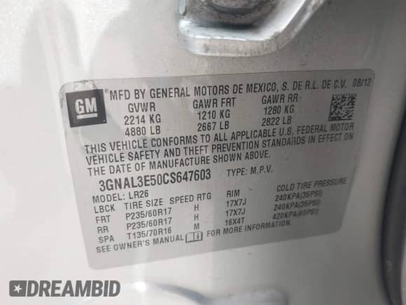 2012 Chevrolet Captiva Sport LT with VIN 3GNAL3E50CS647603, listed as a IAAI auction lot 43277361 with 89,153 mi miles and . Bid and sale history available at DreamBid. Image 9.