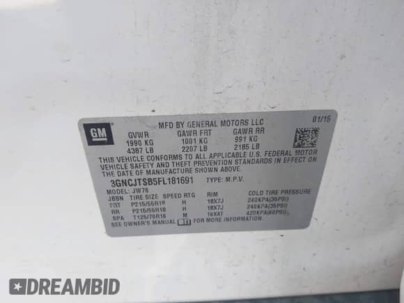 2015 Chevrolet Trax LTZ с VIN 3GNCJTSB5FL181691, выставлен на аукционе IAAI как лот 43522346 с пробегом 110 483 миль миль и . История ставок и продаж доступна на DreamBid. Изображение 9.