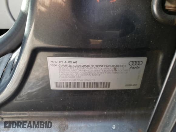 ✅ 2005 Audi A4 SE • VIN: WAULC68E95A106470 • Лот: 45320325. Опубликован ранее на Copart с пробегом 132 985 миль. Бесплатный доступ к архиву аукционных продаж из США и подробный отчёт об истории автомобиля на DreamBid. Изображение 12.