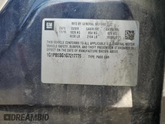 ✅ 2016 Chevrolet Cruze LS • VIN: 1G1PB5SG1G7217776 • Lot: 53809165. Listed on Copart with 160,053 mi. Free auction sales archive from the USA and detailed vehicle history report at DreamBid. Image 12.