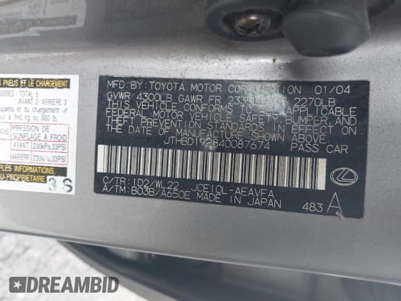 ✅ 2004 Lexus IS 300/350 • VIN: JTHBD192840087674 • Lot: 43603438. Wystawiony na IAAI z przebiegiem 243 094 mil. Bezpłatny archiwum sprzedaży aukcyjnych z USA i szczegółowy raport historii pojazdu na DreamBid. Zdjęcie 9.