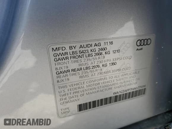 ✅ 2017 Audi Q5 Premium • VIN: WA1C2AFP7HA077496 • Lot: 58511135. Listed on Copart with 61,295 mi. Free auction sales archive from the USA and detailed vehicle history report at DreamBid. Image 14.