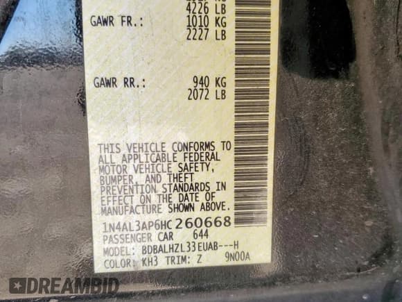 ✅ 2017 Nissan Altima SR • VIN: 1N4AL3AP6HC260668 • Lot: 90662185. Listed on Copart with 143,149 mi. Free auction sales archive from the USA and detailed vehicle history report at DreamBid. Image 12.