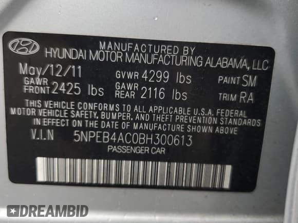 ✅ 2011 Hyundai Sonata GLS • VIN: 5NPEB4AC0BH300613 • Lot: 72837954. Listed on Copart with 107,636 mi. Free auction sales archive from the USA and detailed vehicle history report at DreamBid. Image 12.