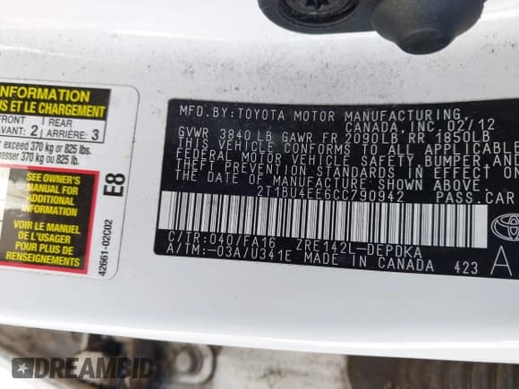 ✅ 2012 Toyota Corolla L • VIN: 2T1BU4EE6CC790942 • Lot: 42465144. Wystawiony na IAAI z przebiegiem 113 232 mil. Bezpłatny archiwum sprzedaży aukcyjnych z USA i szczegółowy raport historii pojazdu na DreamBid. Zdjęcie 9.