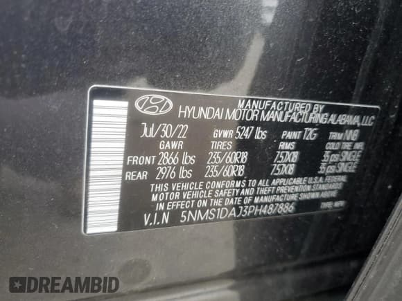 ✅ 2023 Hyundai Santa Fe SE • VIN: 5NMS1DAJ3PH487886 • Lot: 57844625. Listed on Copart with 47,355 mi. Free auction sales archive from the USA and detailed vehicle history report at DreamBid. Image 13.