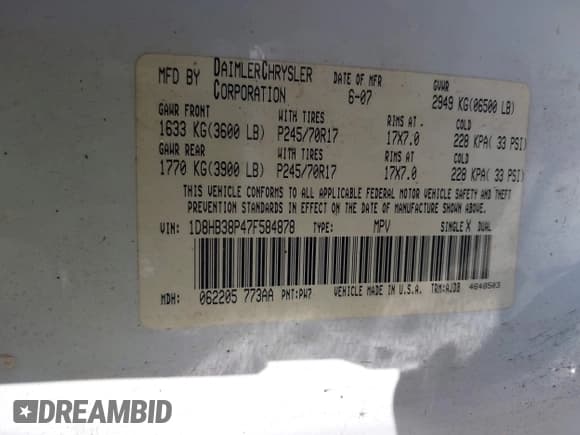 ✅ 2007 Dodge Durango SXT • VIN: 1D8HB38P47F584878 • Lot: 43049123. Listed on IAAI with 105,417 mi. Free auction sales archive from the USA and detailed vehicle history report at DreamBid. Image 9.