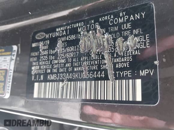2019 Hyundai Tucson Value z VIN KM8J33A49KU056444, wystawiony jako IAAI lot #42468980 z przebiegiem 40 066 mil mil oraz . Historia ofert i sprzedaży dostępna na DreamBid. Obrazek 9.