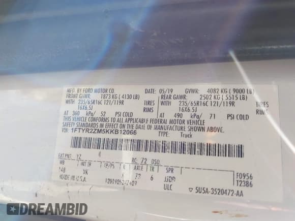 ✅ 2019 Ford Transit • VIN: 1FTYR2ZM5KKB12066 • Лот: 41958244. Опубликован ранее на IAAI с пробегом 165 495 миль. Бесплатный доступ к архиву аукционных продаж из США и подробный отчёт об истории автомобиля на DreamBid. Изображение 9.