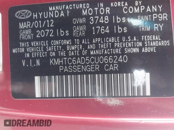 ✅ 2012 Hyundai Veloster w/Red Int • VIN: KMHTC6AD5CU066240 • Lot: 43544107. Listed on IAAI with 196,722 mi. Free auction sales archive from the USA and detailed vehicle history report at DreamBid. Image 9.