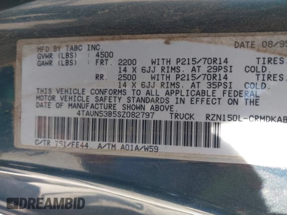 ✅ 1995 Toyota Tacoma • VIN: 4TAUN53B5SZ082797 • Lot: 42660124. Wystawiony na IAAI z przebiegiem 181 066 mil. Bezpłatny archiwum sprzedaży aukcyjnych z USA i szczegółowy raport historii pojazdu na DreamBid. Zdjęcie 9.