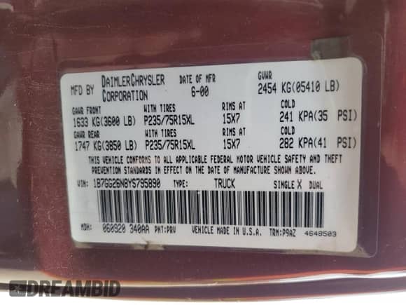 2000 Dodge Dakota Sport z VIN 1B7GG26N8YS795890, wystawiony jako Copart lot #78523764 z przebiegiem 214 933 mil mil oraz Szkoda całkowita • Salvage title. Historia ofert i sprzedaży dostępna na DreamBid. Obrazek 12.