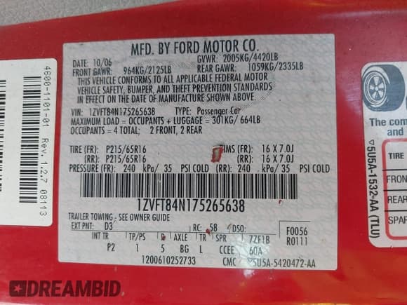 ✅ 2007 Ford Mustang Deluxe • VIN: 1ZVFT84N175265638 • Lot: 42944286. Listed on IAAI with 300,032 mi. Free auction sales archive from the USA and detailed vehicle history report at DreamBid. Image 9.