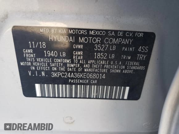 ✅ 2019 Hyundai Accent SE • VIN: 3KPC24A36KE068014 • Лот: 76841254. Опубликован ранее на Copart с пробегом Не указан. Бесплатный доступ к архиву аукционных продаж из США и подробный отчёт об истории автомобиля на DreamBid. Изображение 14.