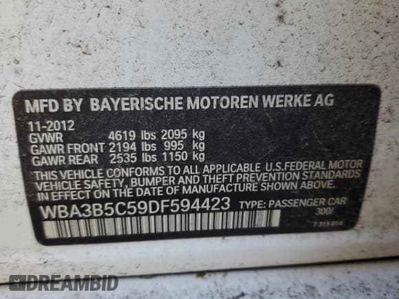 ✅ 2013 BMW 3 Series 328i xDrive • VIN: WBA3B5C59DF594423 • Lot: 92720765. Listed on Copart with 160,402 mi. Free auction sales archive from the USA and detailed vehicle history report at DreamBid. Image 12.