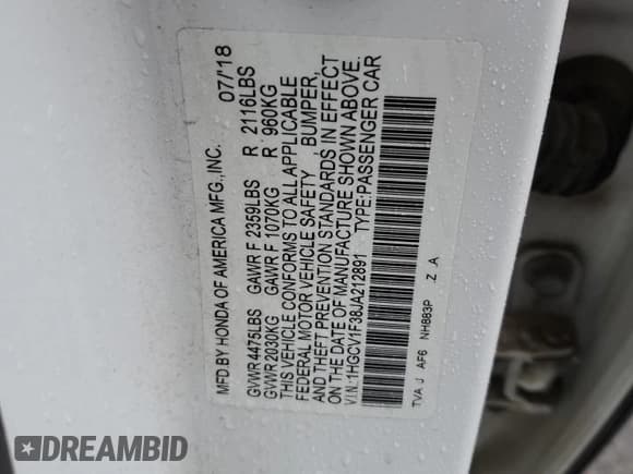 ✅ 2018 Honda Accord Sport • VIN: 1HGCV1F38JA212891 • Lot: 89797285. Listed on Copart with 192,261 mi. Free auction sales archive from the USA and detailed vehicle history report at DreamBid. Image 12.