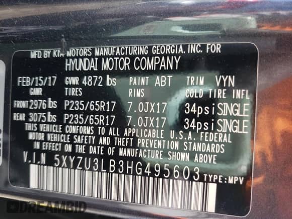 ✅ 2017 Hyundai Santa Fe 2.4L • VIN: 5XYZU3LB3HG495603 • Lot: 72451942. Wystawiony na Copart z przebiegiem 68 949 mil. Bezpłatny archiwum sprzedaży aukcyjnych z USA i szczegółowy raport historii pojazdu na DreamBid. Zdjęcie 12.