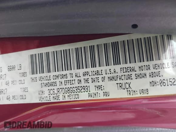✅ 2016 Ram 1500 Tradesman • VIN: 3C6JR7DG8GG352931 • Lot: 42894830. Listed on IAAI with 183,980 mi. Free auction sales archive from the USA and detailed vehicle history report at DreamBid. Image 9.