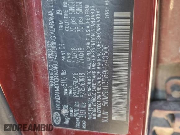 ✅ 2009 Hyundai Santa Fe Limited • VIN: 5NMSH13E89H240506 • Lot: 82908284. Listed on Copart with 233,185 mi. Free auction sales archive from the USA and detailed vehicle history report at DreamBid. Image 15.