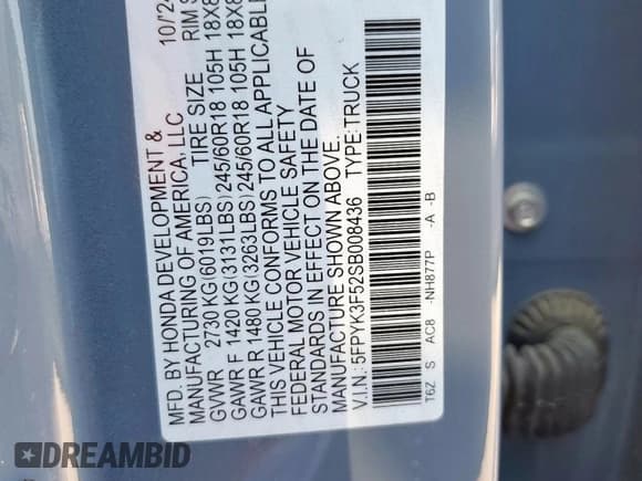 ✅ 2025 Honda Ridgeline RTL • VIN: 5FPYK3F52SB008436 • Lot: 85179245. Wystawiony na Copart z przebiegiem 11 604 mil. Bezpłatny archiwum sprzedaży aukcyjnych z USA i szczegółowy raport historii pojazdu na DreamBid. Zdjęcie 12.