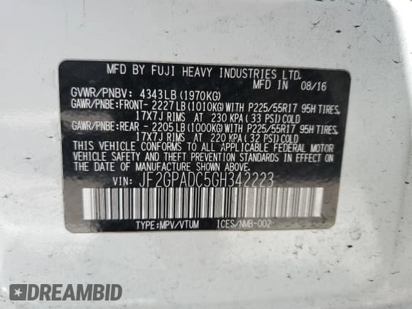 ✅ 2016 Subaru Crosstrek Premium • VIN: JF2GPADC5GH342223 • Lot: 55859535. Listed on Copart with 114,133 mi. Free auction sales archive from the USA and detailed vehicle history report at DreamBid. Image 14.