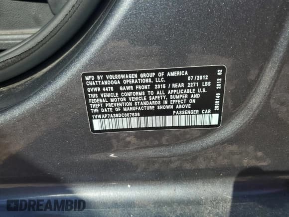 ✅ 2013 Volkswagen Passat Wolfsburg Edition • VIN: 1VWAP7A38DC007636 • Lot: 76933174. Listed on Copart with 95,985 mi. Free auction sales archive from the USA and detailed vehicle history report at DreamBid. Image 12.