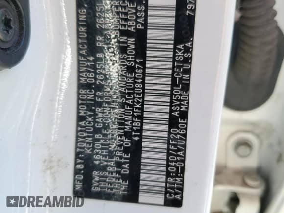 2014 Toyota Camry L with VIN 4T1BF1FK2EU840671, listed as a Copart auction lot 86672075 with 112,069 mi miles and Salvage title. Bid and sale history available at DreamBid. Image 12.