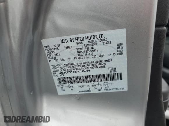 ✅ 2009 Mercury Mariner • VIN: 4M2CU91729KJ15969 • Lot: 86498475. Wystawiony na Copart z przebiegiem 162 788 mil. Bezpłatny archiwum sprzedaży aukcyjnych z USA i szczegółowy raport historii pojazdu na DreamBid. Zdjęcie 13.