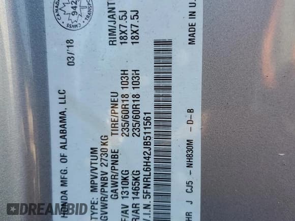 ✅ 2018 Honda Odyssey • VIN: 5FNRL6H42JB511561 • Лот: 69076135. Опубликован ранее на Copart с пробегом 139 253 миль. Бесплатный доступ к архиву аукционных продаж из США и подробный отчёт об истории автомобиля на DreamBid. Изображение 13.