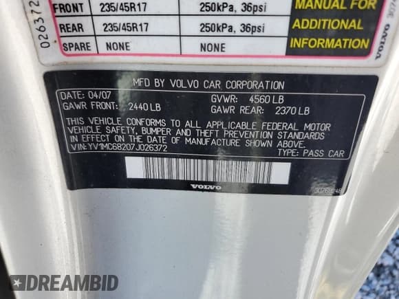 ✅ 2007 Volvo C70 • VIN: YV1MC68207J026372 • Lot: 82089105. Listed on Copart with 121,562 mi. Free auction sales archive from the USA and detailed vehicle history report at DreamBid. Image 13.