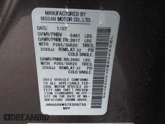 ✅ 2007 Infiniti FX • VIN: JNRAS08W57X209730 • Lot: 43827043. Wystawiony na IAAI z przebiegiem 258 129 mil. Bezpłatny archiwum sprzedaży aukcyjnych z USA i szczegółowy raport historii pojazdu na DreamBid. Zdjęcie 9.